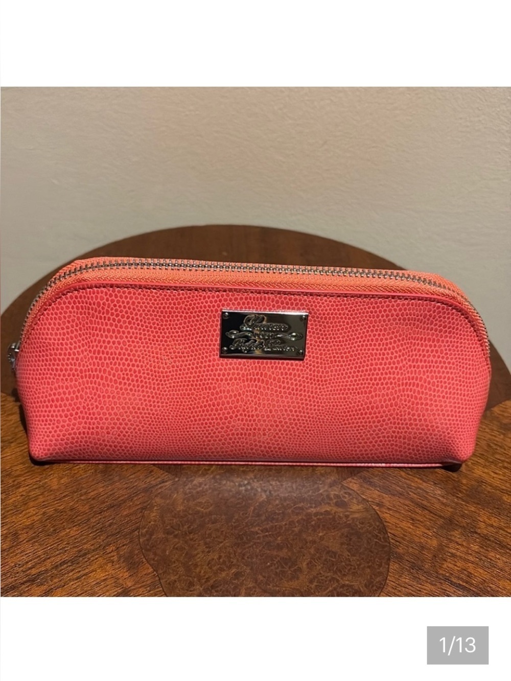 Ralph Lauren Cosmetic case Make up bag triangular leather coral orange NWOT